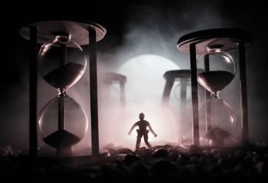 Zaman kavramı. Duman ile hourglasses ve karanlık bir arka plan ışıkları arasında duran bir adam silüeti.