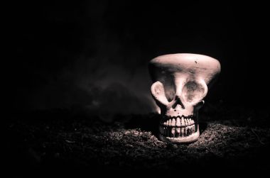 Korkunç kafatası tonda ışık koyu arka plan üzerinde. Cadılar Bayramı arka planı veya korku teması için tasarım. Seçici odak