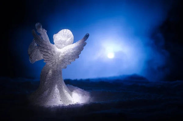 Christmas Angel glass xmas figure and glass fir tree, christmas tree, docorative elements on dark background. Christmas decoration angel xmas concept. Selective focus — Stock Photo, Image