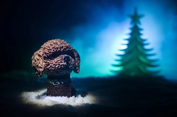 Іграшковий собака - символ нового року під снігом на тлі fir філій. Собака іграшка, як символ 2018 новий рік з Різдвяний атрибути нового року напис — стокове фото