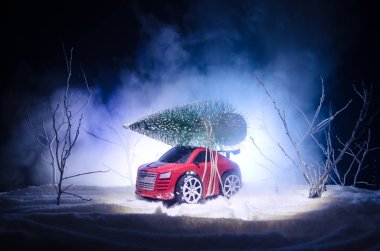 Minyatür araba köknar ağacı karlı kış ormanının veya oyuncak araba bir Noel ağacı taşıyan ve gece zaman ile
