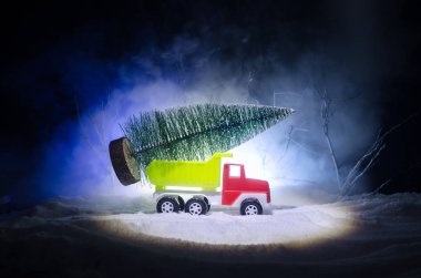 Minyatür araba köknar ağacı karlı kış ormanının veya oyuncak araba bir Noel ağacı taşıyan ve gece zaman ile