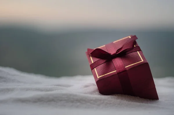 Красная Рождественская Коробка Елка Снегу Рождественское Украшение Дома Снегом Елкой — стоковое фото