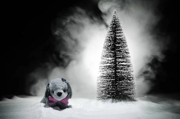 Toy dog - a symbol of the new year under the snow against the background of fir branches. Toy\'s dog as a symbol of 2018 New Year with a Christmas attributes the new year\'s inscription