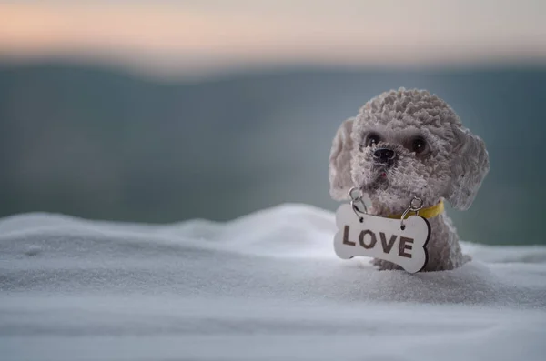 Toy dog - a symbol of the new year under the snow against the background of fir branches. Toy's dog as a symbol of 2018 New Year with a Christmas attributes