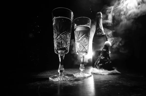 New Year Eve Celebration Background Pair Flutes Bottle Champagne Christmas — Stock Photo, Image