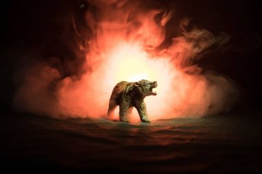 Angry bear behind the fire cloudy sky. The silhouette of a bear in foggy forest dark background. Selective focus clipart