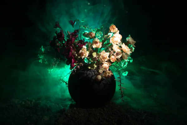 Cam vazo daimi yıldız ışık ve sis ile karanlık bir zemin üzerine üst üste pitoresk mor bahar çiçekleri. Çiçek kavramı. — Stok fotoğraf