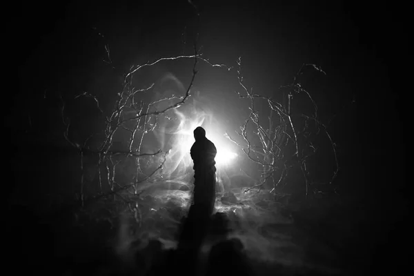 Одинокая девушка со светом в лесу ночью, или голубой тонированный ночной лес во время тумана. Селективный фокус — стоковое фото