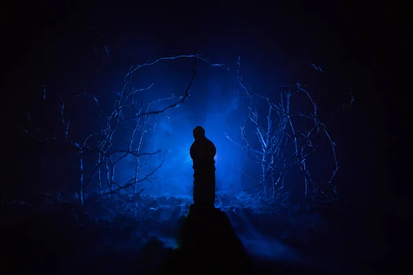 Chica solitaria con la luz en el bosque por la noche, o bosque nocturno tonificado azul en el momento de la niebla. Enfoque selectivo —  Fotos de Stock