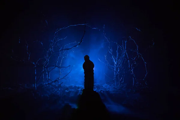 Chica solitaria con la luz en el bosque por la noche, o bosque nocturno tonificado azul en el momento de la niebla. Enfoque selectivo — Foto de Stock