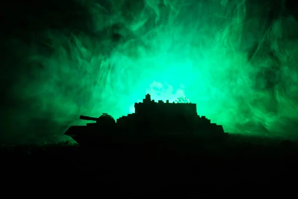 Silhouette of military war ship on dark foggy toned sky background. — Stock Photo, Image