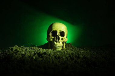 insan kafatası üzerinde koyu tonda sisli arka plan açık ağız frontview. Korku kavramı.