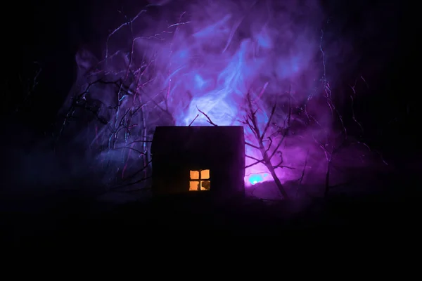 Oud huis met een geest in het bos bij nacht of verlaten Haunted Horror House in mist. Oude mystic gebouw in dode boom bos. — Stockfoto