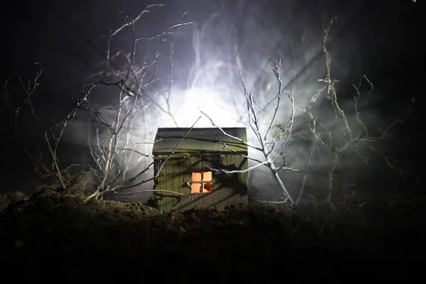 Antigua casa con un Fantasma en el bosque por la noche o Casa de terror embrujada abandonada en la niebla. Antiguo edificio místico en el bosque de árboles muertos . —  Fotos de Stock