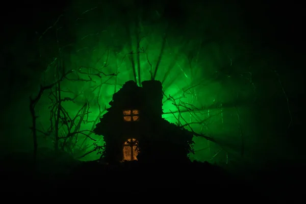 Old house with a Ghost in the forest at night or Abandoned Haunted Horror House in fog. Old mystic building in dead tree forest. — Stock Photo, Image