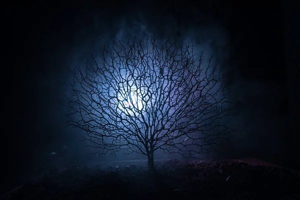 Silueta de espeluznante árbol de Halloween con cara de horror sobre fondo oscuro nebuloso tonificado con luna en la parte posterior. Árbol de terror aterrador con caras de zombi y demonio . — Foto de Stock