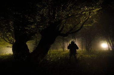 Köyde gece sis. Gizemli. Bahçedeki ağaç yakınındaki Swing aydınlatıyor. Ağaçlar arka ışıktan. Kırsal mistik geceleri. Salıncakta oturan adam silüeti