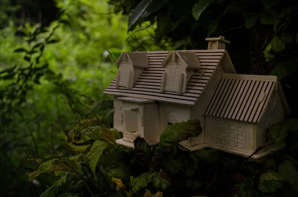 Modèle en bois de maison dans le jardin. Maison sur arbre. Petite maison en bois en herbe verte . — Photo