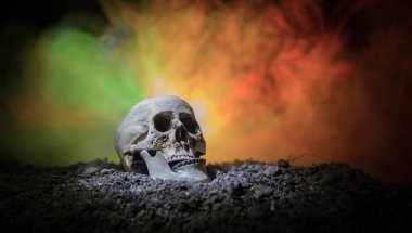 insan kafatası üzerinde koyu tonda sisli arka plan açık ağız frontview. Korku kavramı.