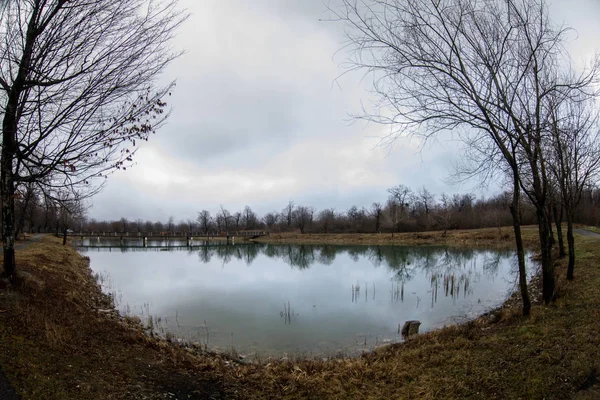 Erstaunliche Landschaft der Brücke spiegeln sich auf Oberflächenwasser des Sees, Nebel verdunsten aus Teich machen romantische Szene oder schöne Brücke über den See mit Bäumen bei Nebel. — Stockfoto