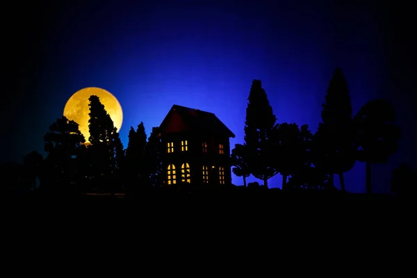 Old house with a Ghost in the forest at night or Abandoned Haunted Horror House in fog. Old mystic building in dead tree forest. Trees at night with moon. Surreal lights