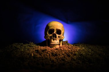 insan kafatası üzerinde koyu tonda sisli arka plan açık ağız frontview. Korku kavramı.