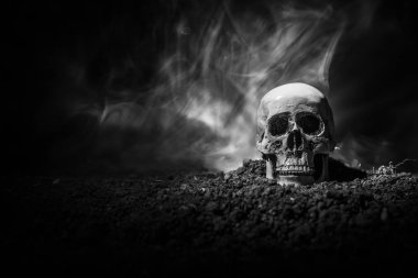 insan kafatası üzerinde koyu tonda sisli arka plan açık ağız frontview. Korku kavramı.