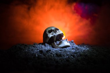 insan kafatası üzerinde koyu tonda sisli arka plan açık ağız frontview. Korku kavramı.