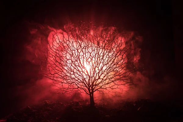 Silueta de espeluznante árbol de Halloween con cara de horror sobre fondo oscuro nebuloso tonificado con luna en la parte posterior. Árbol de terror aterrador con caras de zombi y demonio . — Foto de Stock