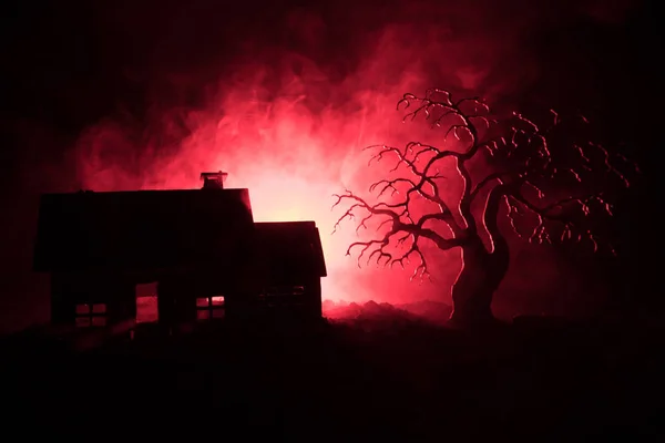 Antigua casa con un Fantasma en la noche con árbol espeluznante o Casa de terror embrujada abandonada en cielo nebuloso tonificado con luz. Antiguo edificio místico en el bosque de árboles muertos. Concepto Halloween . — Foto de Stock