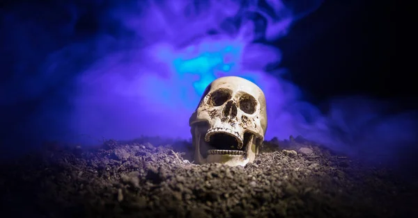 Frontview of human skull open mouth on dark toned foggy background. Horror concept. — Stock Photo, Image