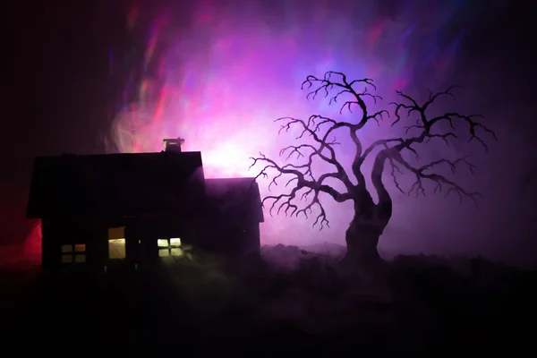 Vecchia casa con un fantasma di notte con albero spettrale o Abandoned Haunted Horror House in cielo nebbioso tonico con luce. Vecchio edificio mistico nella foresta di alberi morti. Concetto Halloween . — Foto Stock