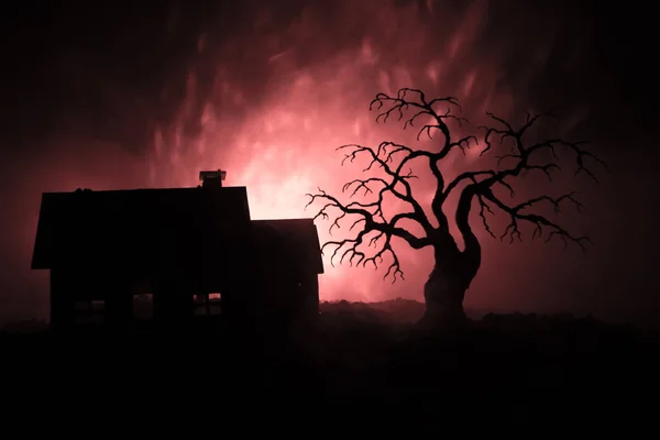 Oud huis met een spook at night met spooky boom of verlaten Haunted Horror House in afgezwakt mistige hemel met licht. Oude mystic gebouw in dode boom bos. Halloween concept. — Stockfoto
