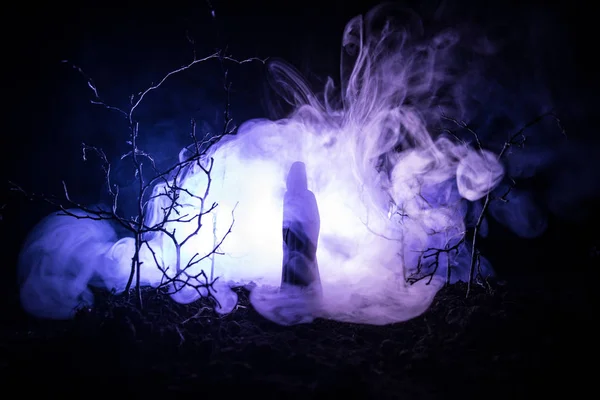 Alone girl with the light in the forest at night, or blue toned night forest at the fog time. Selective focus — Stock Photo, Image