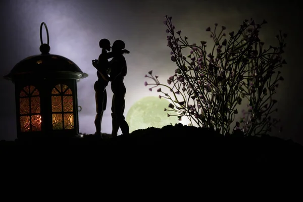 Силуэт пары, целующейся в полнолуние. Парень целует девушку за руку на фоне силуэта полнолуния. Концепция декора Дня Святого Валентина — стоковое фото