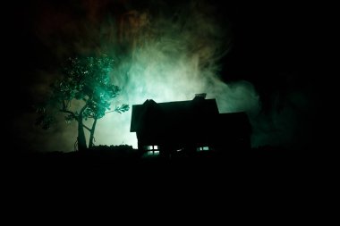 Eski ev gece ormanda bir hayalet veya siste perili korku evi terk etti. Ölü ağaç orman eski mistik binada. Ağaçlar moon ile gece. Gerçeküstü ışıklar