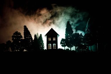 Eski ev gece ormanda bir hayalet veya siste perili korku evi terk etti. Ölü ağaç orman eski mistik binada. Ağaçlar moon ile gece. Gerçeküstü ışıklar