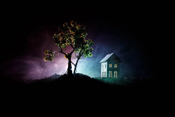 Oud huis met een geest in het bos bij nacht of verlaten Haunted Horror House in mist. Oude mystic gebouw in dode boom bos. Bomen bij nacht met maan. Surrealistisch lichten — Stockfoto