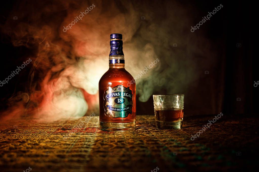 BAKU, AZERBAIJAN - MARCH 25, 2018: Blended from whiskies matured for at least 18 years, Chivas Regal 18 Gold Signature is a blended Scotch whisky produced by Chivas Brothers in Keith, Scotland.