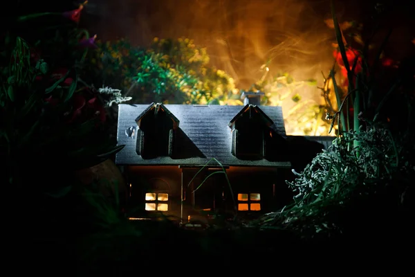 Fantasia foto decorada. Casa bonita pequena na grama com luz. Casa velha na floresta à noite com lua. Foco seletivo — Fotografia de Stock