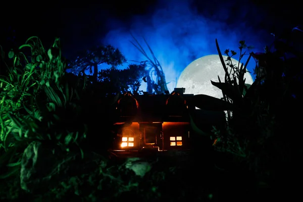 Fantasy urządzone zdjęcie. Mały, piękny dom, w trawie ze światłem. Stary dom w lesie w nocy z księżyca. Selektywny fokus — Zdjęcie stockowe