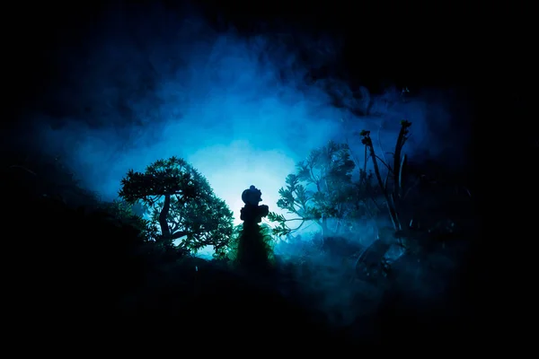 Horror Halloween decoró imagen conceptual. Una chica sola con la luz en el bosque por la noche. Silueta de niña de pie entre árboles con luz surrealista. Enfoque selectivo . — Foto de Stock