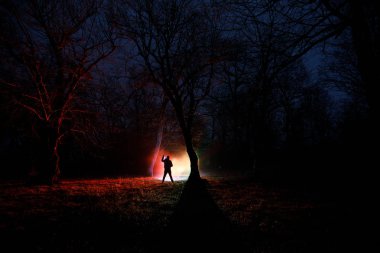 garip ışık gece karanlık bir ormanda. Işık ile karanlık ormanın içinde duran kişi silüeti. Sis zaman karanlık gece ormanda. Gerçeküstü gece orman sahne. Korku Cadılar Bayramı kavramı.