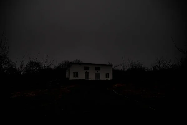 Oud huis met een geest in het bos bij nacht of verlaten Haunted Horror House in mist. Oude mystic gebouw in dode boom bos. Griezelige huis midden in een donker bos. — Stockfoto