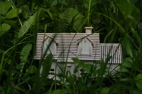 Modèle en bois de maison dans le jardin. Maison sur arbre. Petite maison en bois en herbe verte . — Photo