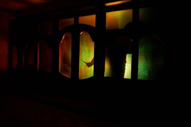 Bir bilinmeyen gölge figürü bir kapı bir kapalı cam kapıdan silüeti. Geceleri bir pencerenin önünde bir insan silüeti. Korkunç sahne Cadılar Bayramı kavramı bulanık silueti