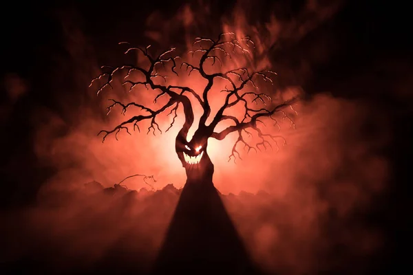 Silhouette of scary Halloween tree with horror face on dark foggy toned background with moon on back side. Scary horror tree with zombie and demon faces.