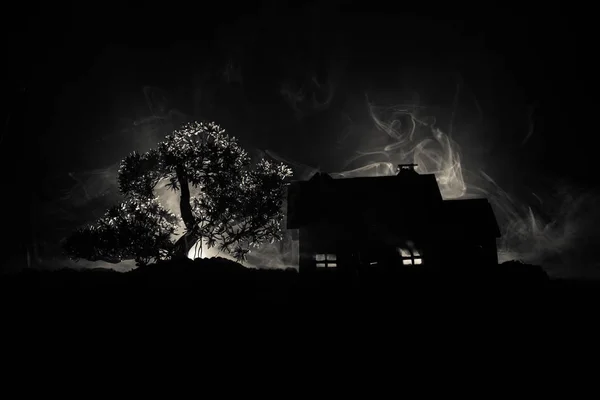 Antigua casa con un Fantasma en el bosque por la noche o Casa de terror embrujada abandonada en la niebla. Antiguo edificio místico en el bosque de árboles muertos. Árboles en la noche con luna. Luces surrealistas — Foto de Stock