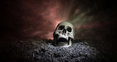 insan kafatası üzerinde koyu tonda sisli arka plan açık ağız frontview. Korku kavramı. Boş alan.